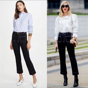 Khaite Raquel High Rise Patch Pocket Flare Cropped Jeans - Black w/ White Stitch